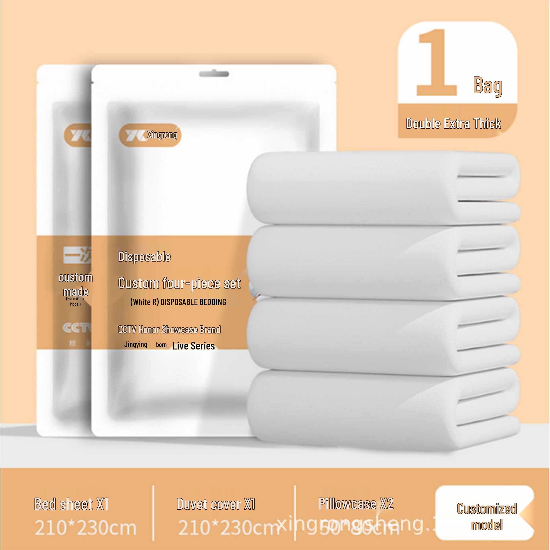 

Customized Disposable Bedding Set: Duvet Covers, Bed Sheets, Pillowcases - 4-Piece Travel or Hotel Double Set KYX. No