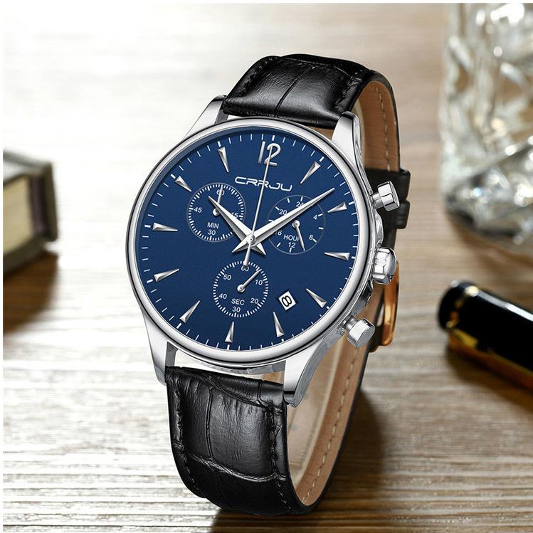 CRRJU New Leather Strap Men's Watch 2313 Steel Strap Watch Simple Business Personality Men Fashion Waterproof