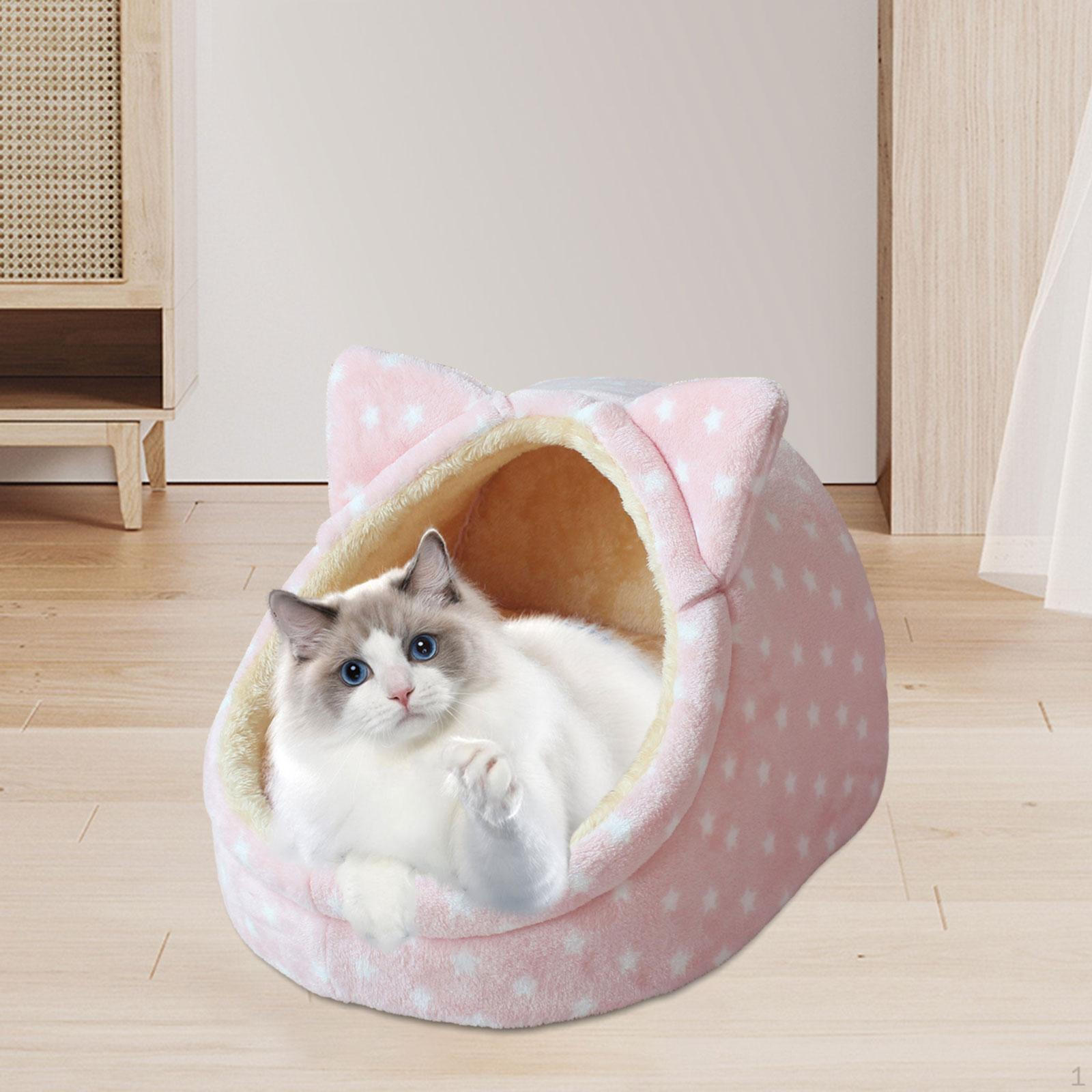 

Cat Bed Cave Semi Enclosed Nest Snooze Non-Slip Bottom Self-Heating Soothing Pet Supplies for Stars Pink Medium