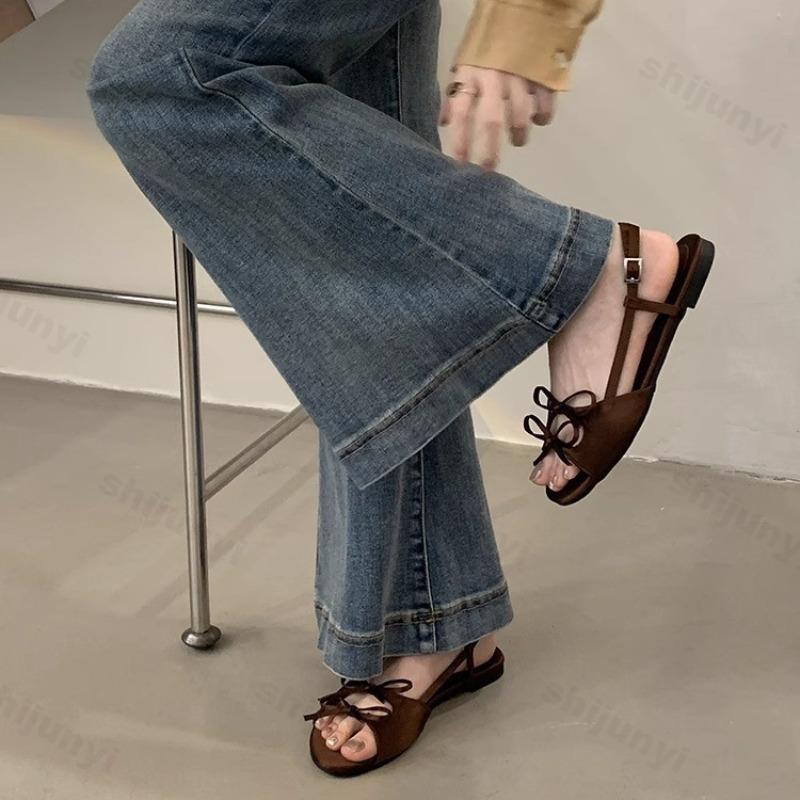 Fashion Roman Style Bow Casual Flat Sandals for Women's 2025 Summer Open Toes Brethable Comfortable Back Strap Beach Fashion Cool Shoes