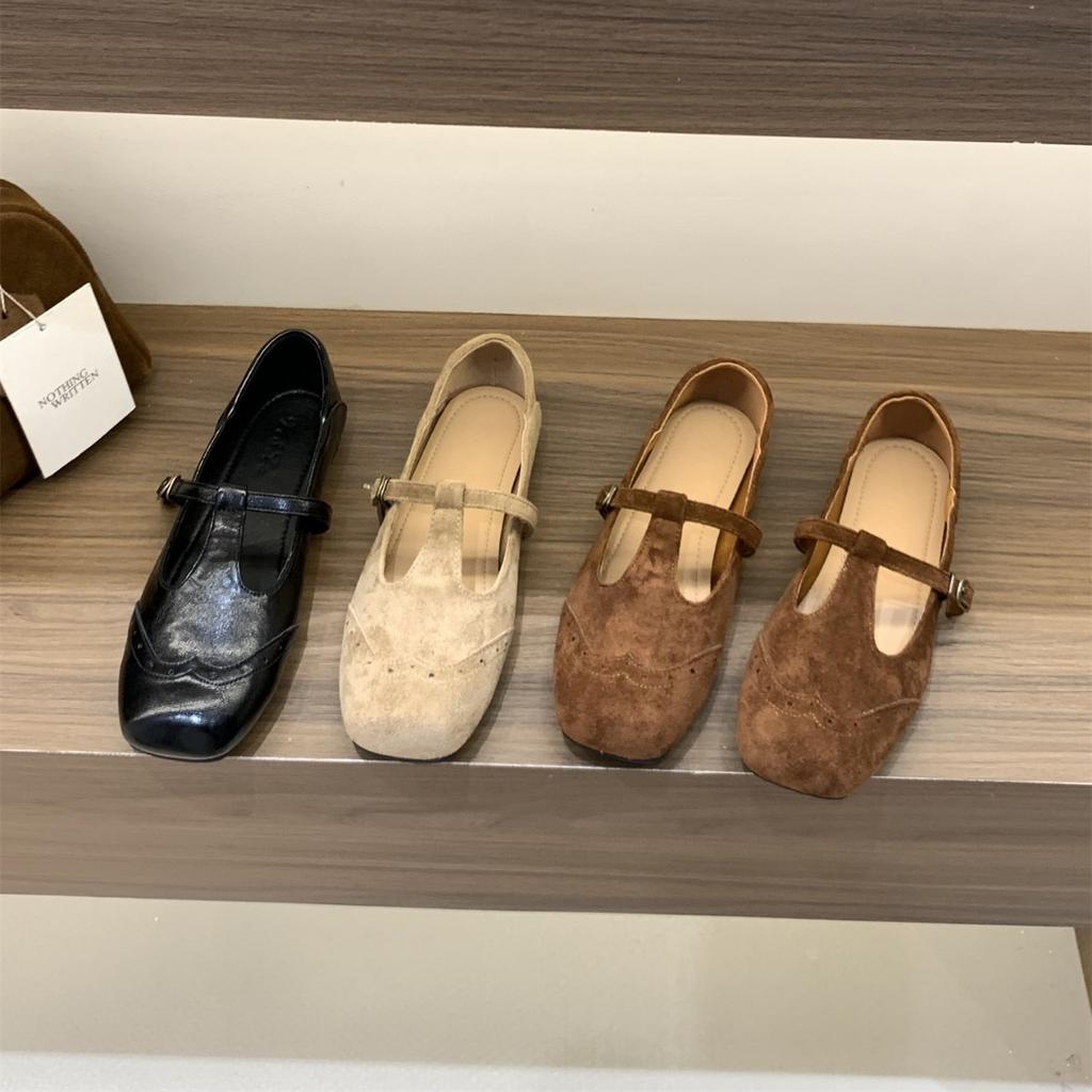 Retro suede Mary Jane single shoes women's shoes 2025 new autumn French versatile flat black small leather shoes