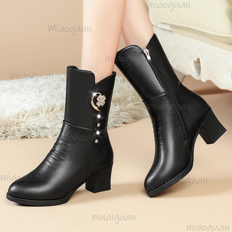 Size35-42 Chunky Heel Mid-Calf Boots Women Rhinestone Pearl Decor Warm Fur Lined Winter Dressy Short Boots Platform Sole Booties