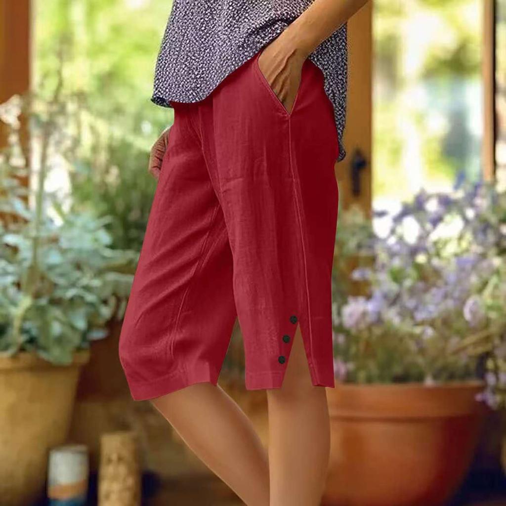 Women's Fashion Solid Color Loose Pocket Elastic Waist Cotton Linen Casual Five Pants