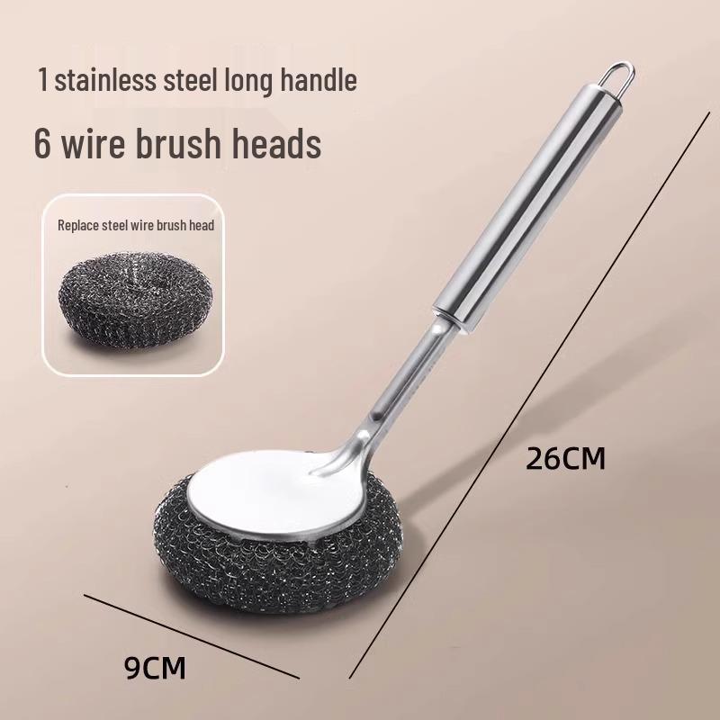 Stainless Steel Long Handle Pot & Bowl Brush with Non-Shedding Wire for Safe Dishwashing