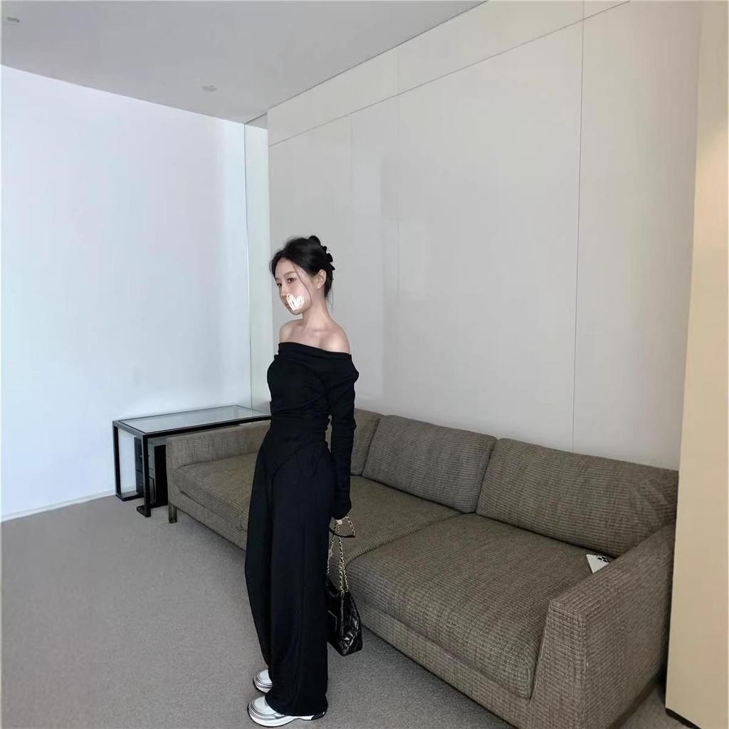 Women's Two-Piece Set: Tea-Colored One-Shoulder Irregular Top and Grey Wide-Leg Pants for Autumn