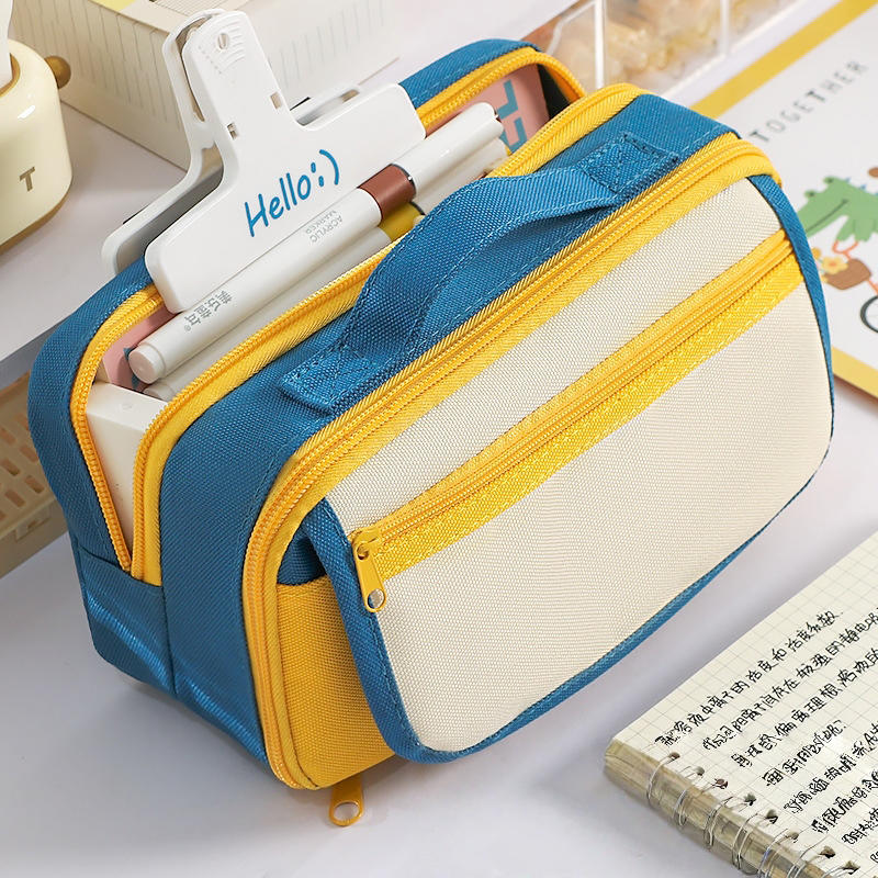 Multi-Layer Contrast Color Pencil Bag Aesthetic Wide Mouth Pencil Case Stationery Organizer Pouch with Handle