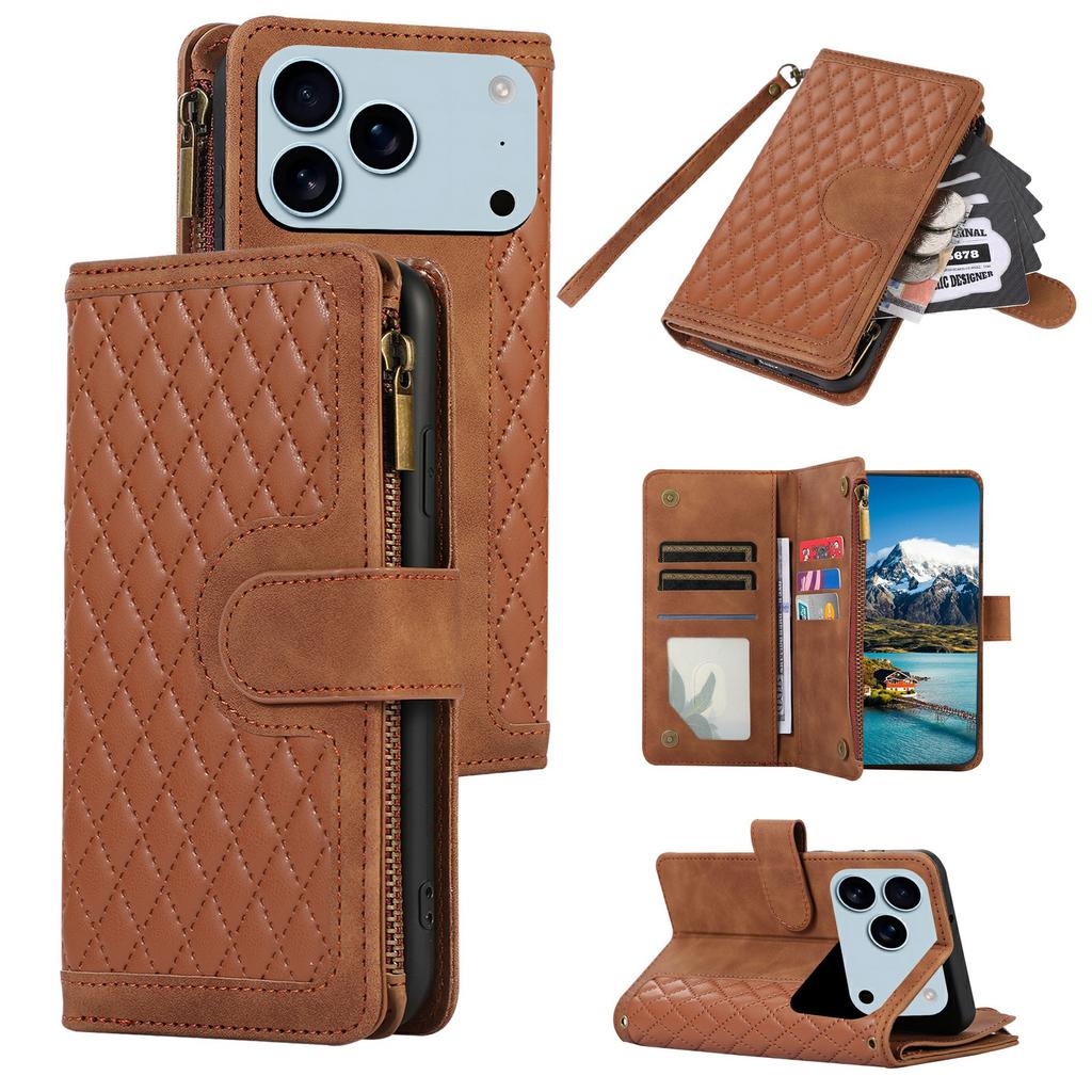 For iPhone 17 Pro Case 9 Card Slots Rhombus Design Leather Phone Cover with Wrist Strap