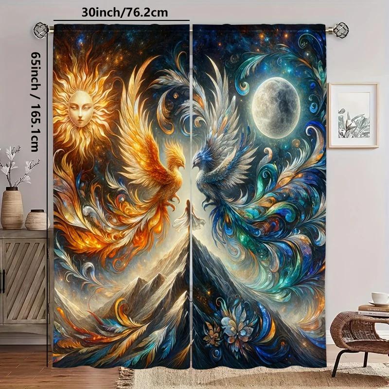 Sun, Moon and Phoenix pattern printed curtains, pole bag home decoration, room decoration