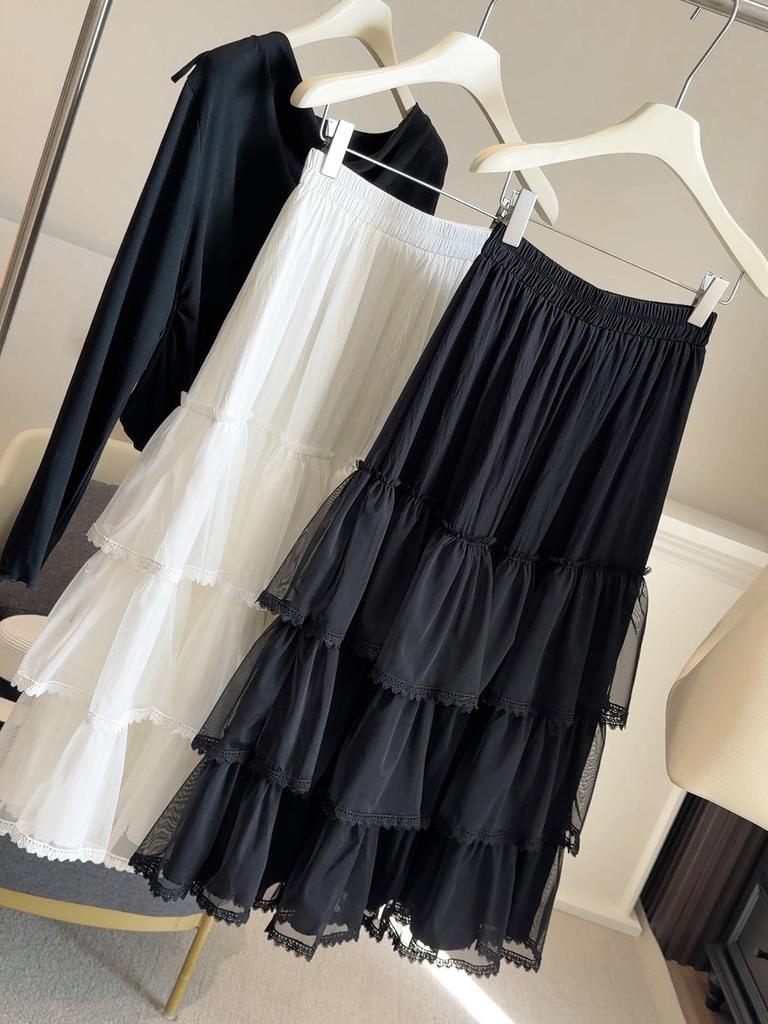 Spring-Summer Lace Mesh Puffball High Waist A-Line Skirt for Women