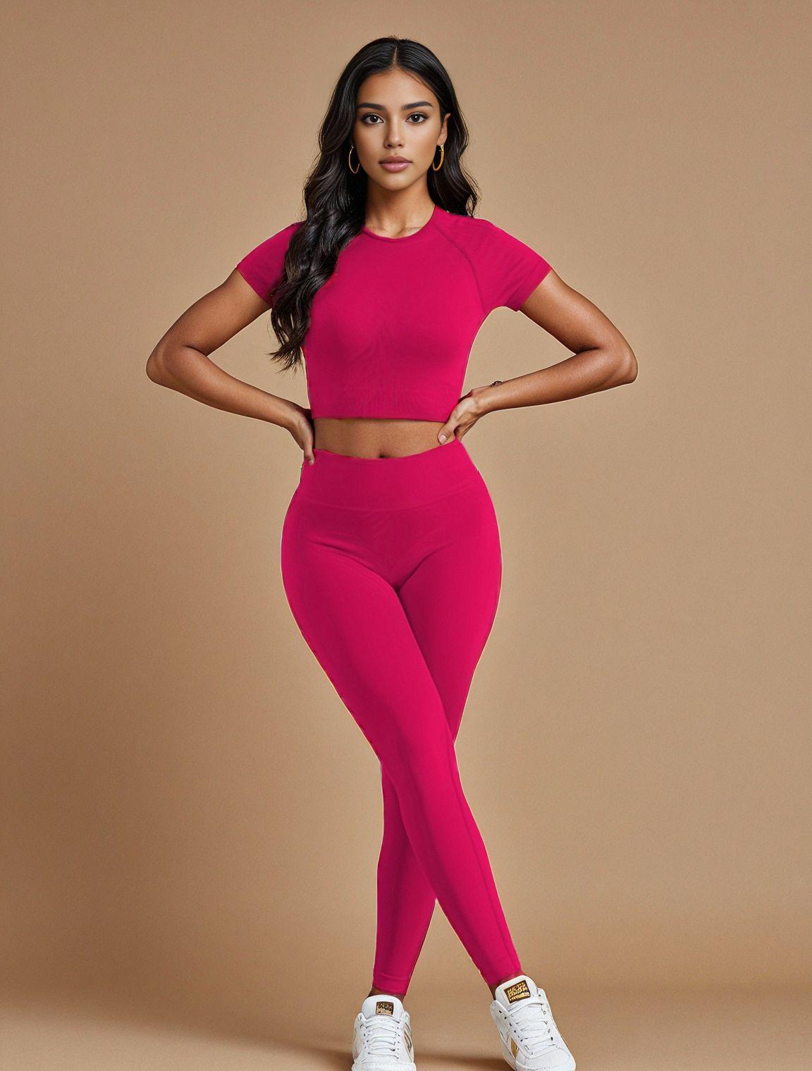 

Комплект для йоги з високою посадкою, швидковисихаючий: Жіночі транскордонні європейсько-американські фітнес-штани та топ Large рожевий