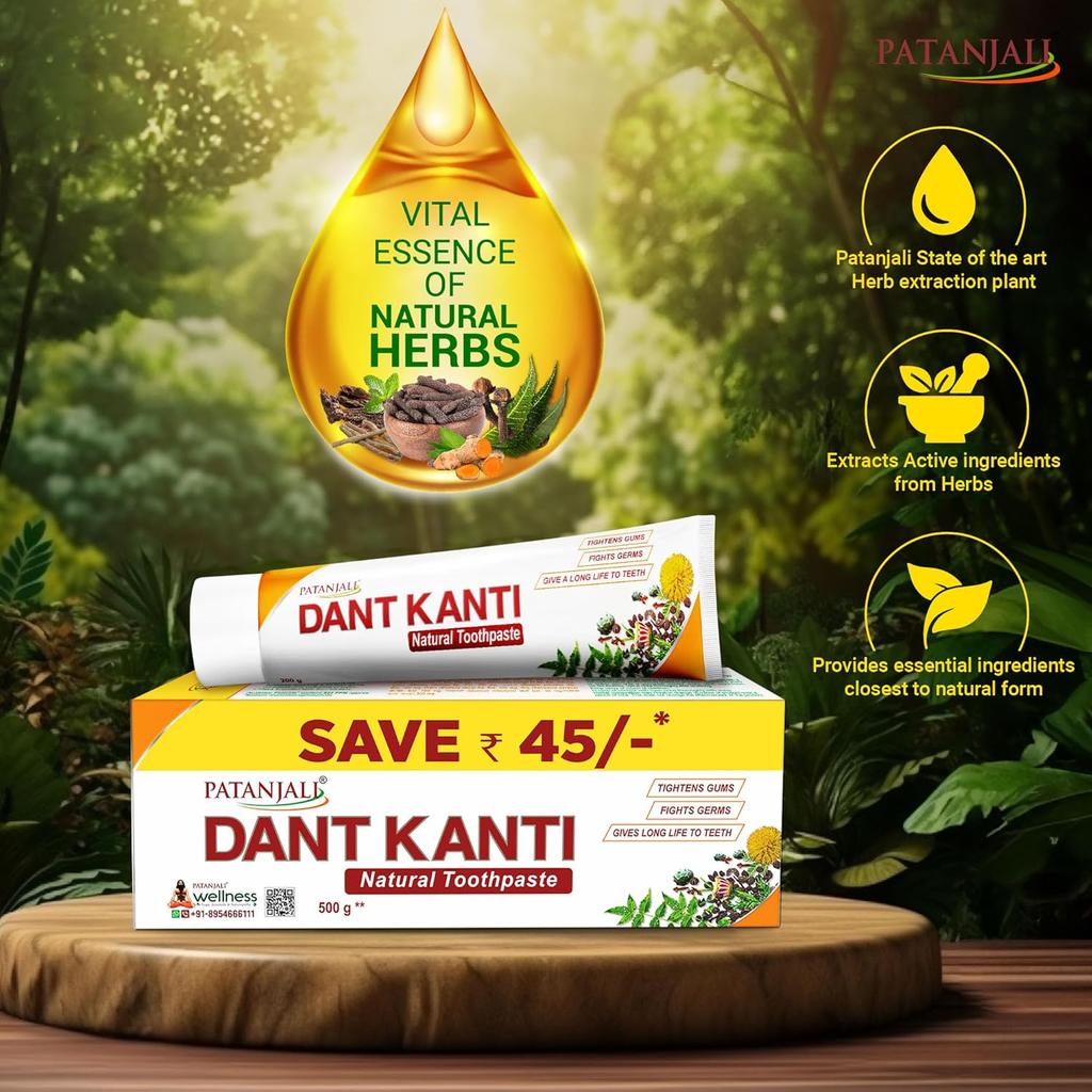 Patanjali Dant Kanti Natural Anticavity Toothpaste 500g Pack Herbal Oral Care Fresh Breath