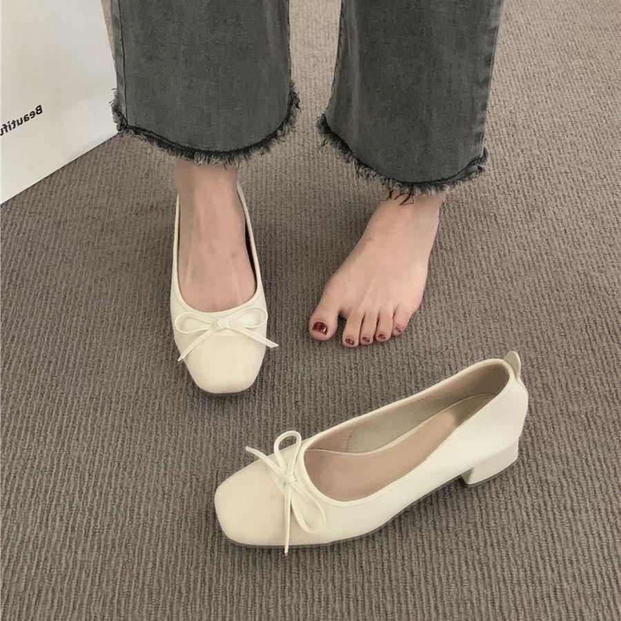 With skirt high heels single shoes flat shoes evening gentle commute bow autumn French women's shoes