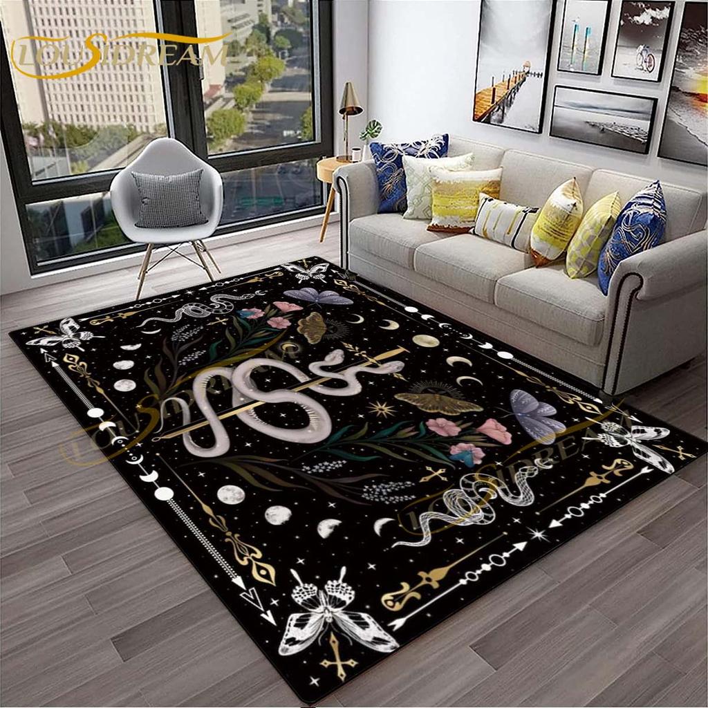 3D-Teppich mit Baum des Lebens, geheimnisvoller Tarotkarten-Teppich für Schlafzimmer, Wohnzimmer, Schlangenteppiche, Boho-Mondphase und Sterne, Schmetterlingsteppich