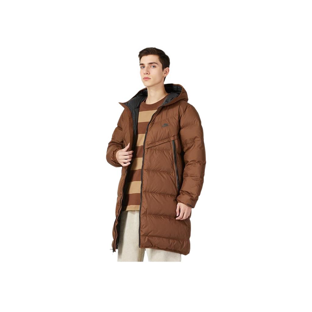 Nike Logo Print Zip-Up Hooded Down Jacket Men Outerwear Brown DV1134-259
