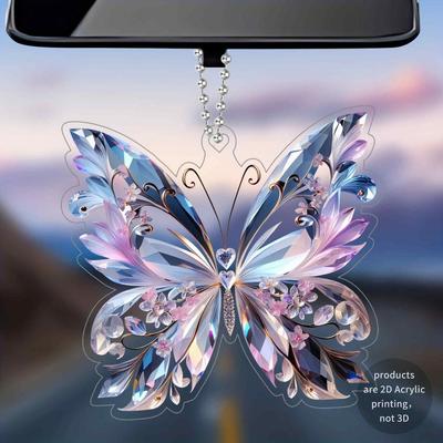 New 2D Car Accessories Acrylic Purple Aesthetic Car Pendant Sparkling Butterfly Shape Rear View Mirror Charm Gift
