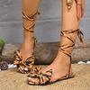 2025 Summer Women's Sandals Elegant Office Leopard Print Square Heel Sandals Hot Sale Butterfly-knot Flat with Shoes for Women