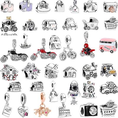 DIY Pink Travel Bag Electric Car Tiny House Charm Bead Bracelet Sterling Silver 925 Jewelry Gift for Women