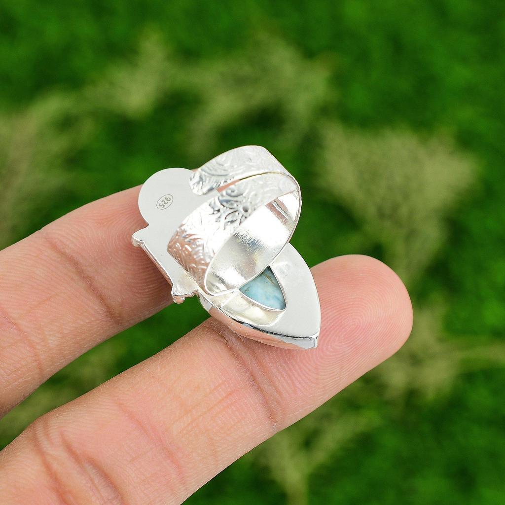 Natural Larimar Promise Skull And Bone Adjustable Ring 925 Silver For Women