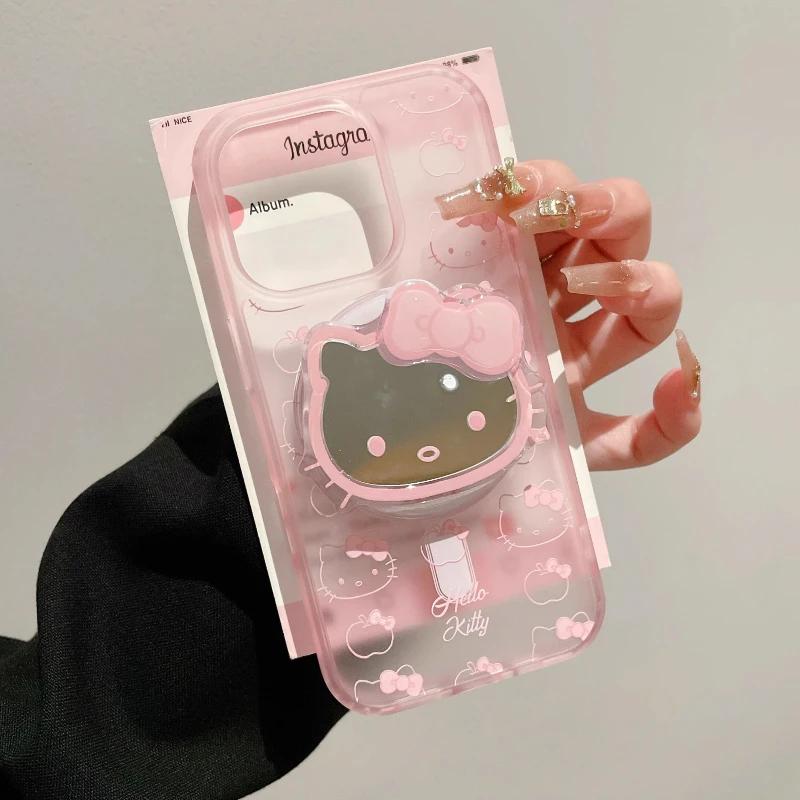 Cute Sanrio Hello Kitty Magnetic Magsafe Wireless Charge Phone Case For iPhone 17 16 15 14 13 Pro Max Mirror Grip Holder Cover