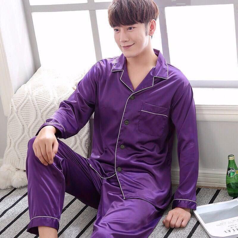 GMXIA Pigiama da Uomo Primavera e Autunno, Maniche Lunghe e Pantaloni Lunghi, Seta Ghiacciata Sottile, Abbigliamento da Casa per Adolescenti, Set di Seta, Taglie Forti