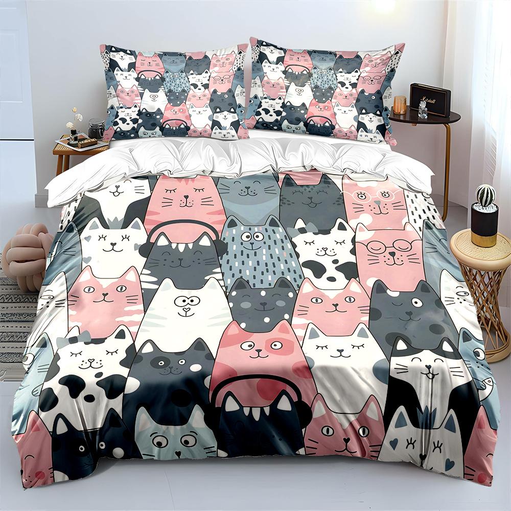 Cute Cartoon Cat Pattern Bedding Set For Kids Luxury Gift 3Pcs Digital Print Comforter Set Soft Comfortable Breathable