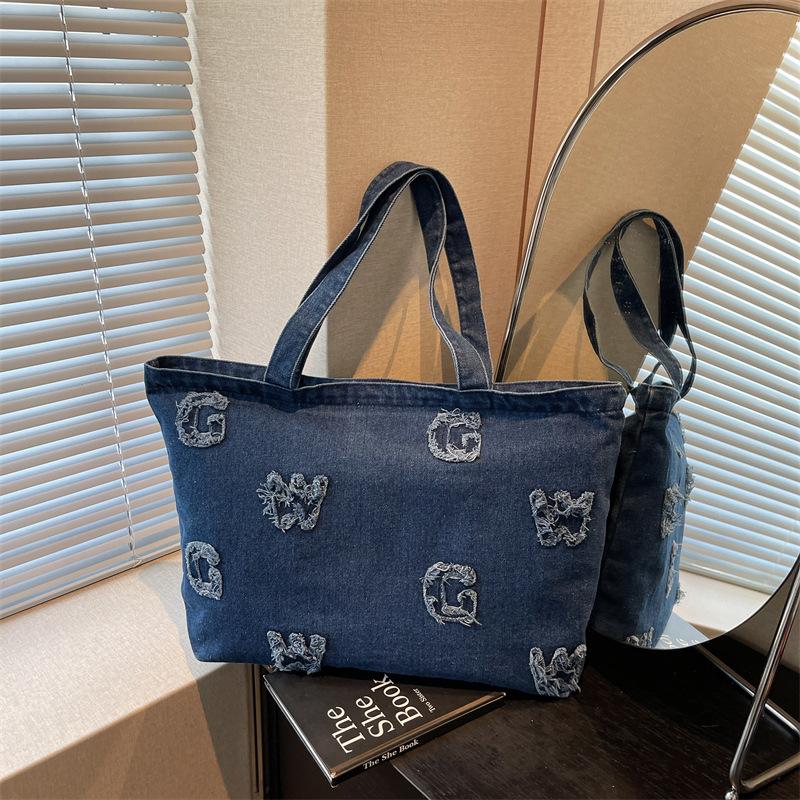 

Джинсовая сумка женская большой вместимости новая летняя универсальная на плечо под руку студенческая сумка-тоут для занятий синий