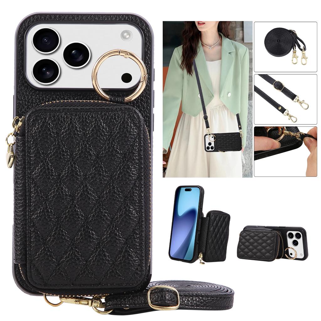 Leather Crossbody Lanyard Phone Case for IPhone 17 Air 16 15 14 13 12 11 Pro Max XS XR 8 7 Plus with Card Holder Zipper Wallet
