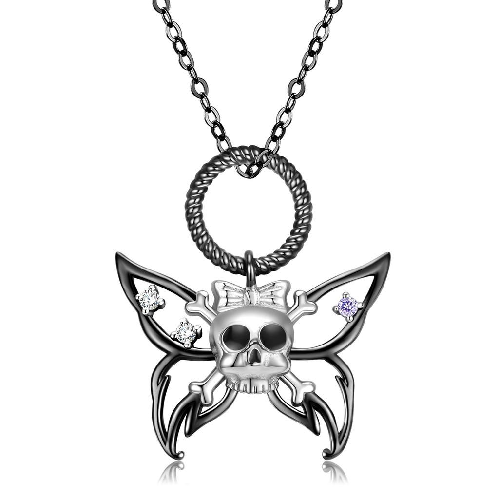 Skull Butterfly Necklace S925 Sterling Silver Necklace Pendant Men and Women Personality Halloween Dark Wind