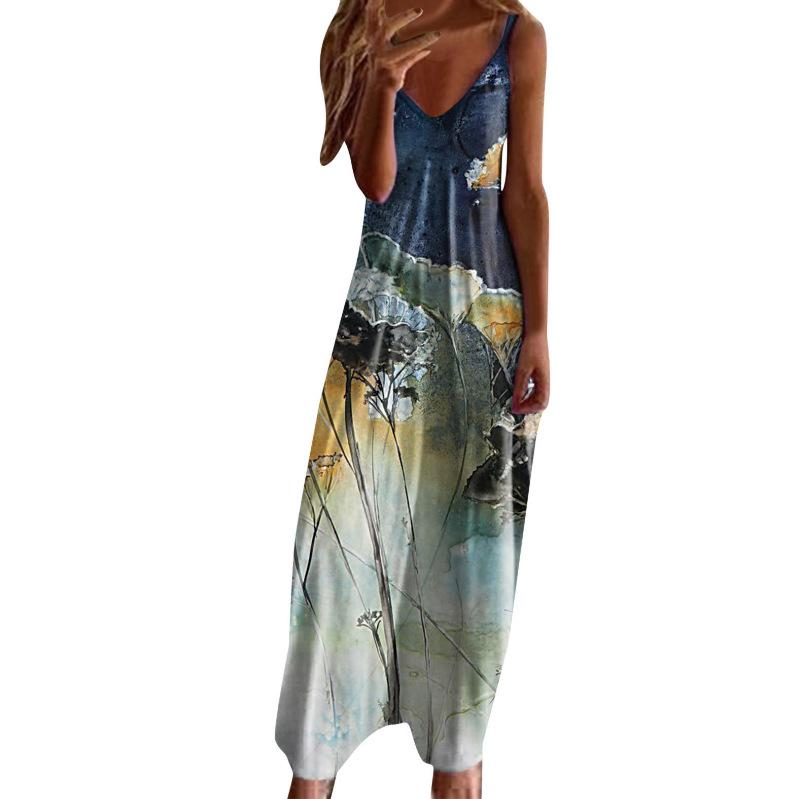 Women's Plus Size V-Neck Spaghetti Strap Long Dress - European & American Style