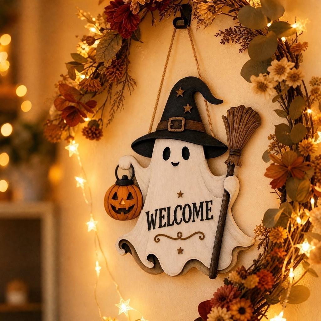 Halloween Wooden Hanging Sign Cute Welcome Door Decor for Party Decorations