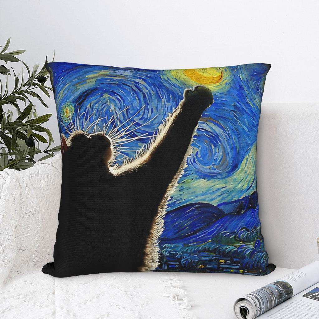 Starry Night Cat, Van Gogh Cat Pillowcase Polyester Cushion Cover Decorations Pillow Case Cover Home Square 40*40cm
