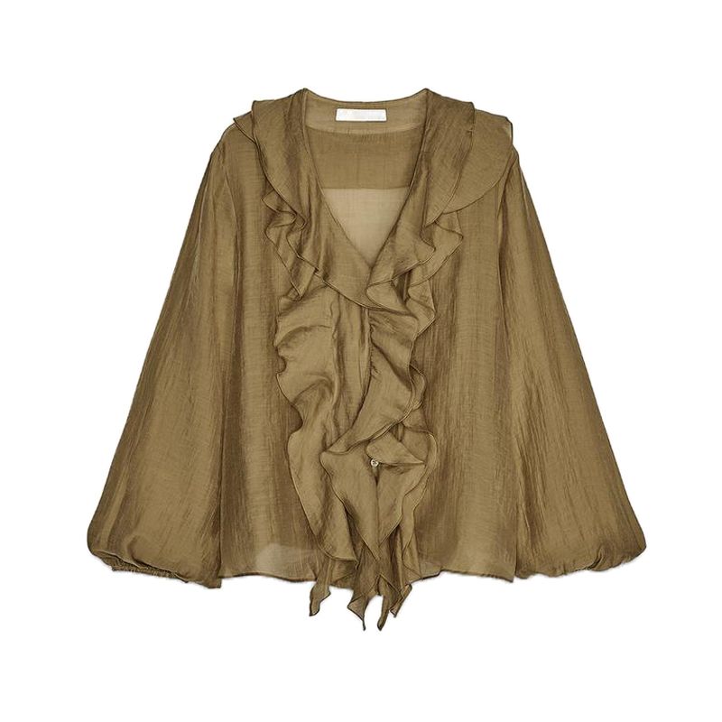 

Za New Women clothes French style Retro Frill Blended Laminated Decoration V-neck Long sleeve Shirts Top 9479040 Mustard M