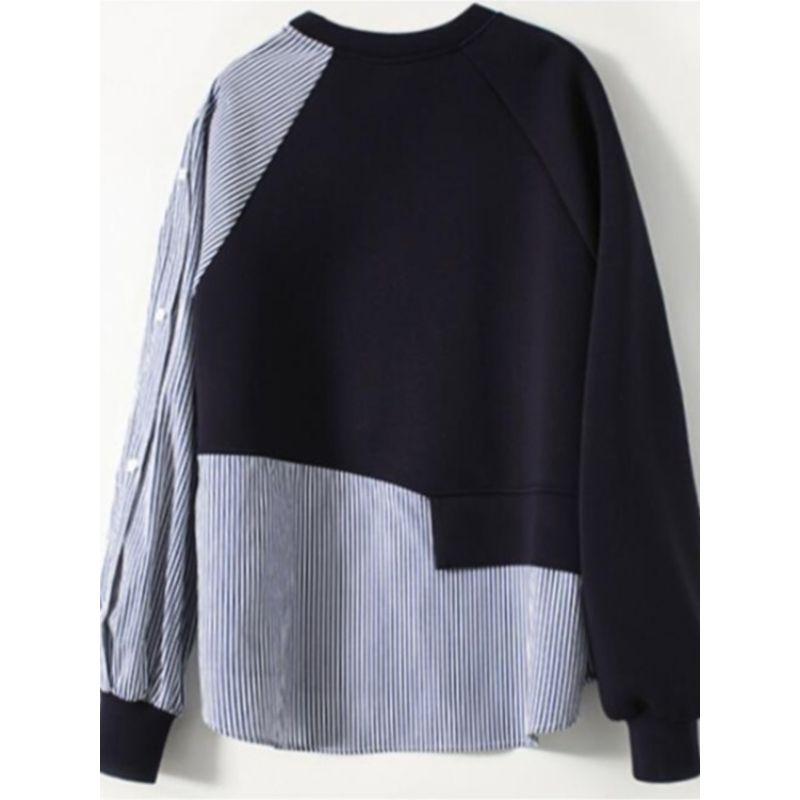 Spring New Cross-Border Fashion Korean round Neck Thin Stripe Patchwork Loose Casual Simplicity Long sleeve Hoodie Top Women