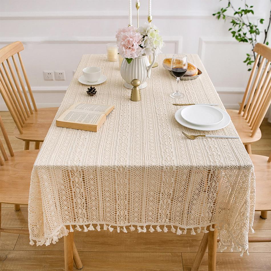 Cotton-woven Hollow Tablecloth,With Tassel Rectangle Table Cloths for Kitchen Party Holiday Christmas Dining Table Decor