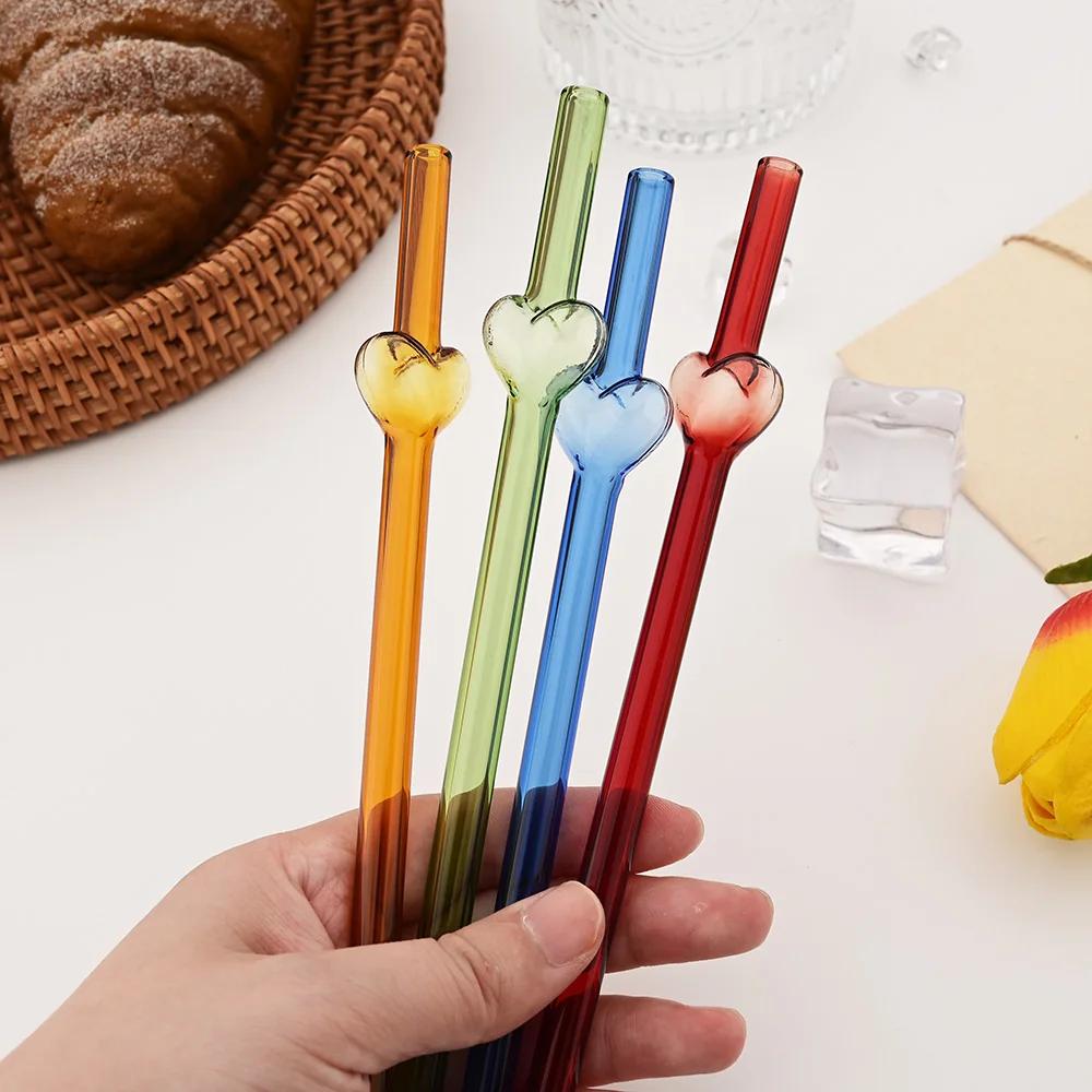4Pcs Creative Heart Shape Reusable Glass Straws Perfect for Cocktails Iced Coffee Cold Beverages Home Drinking Decoration Gift