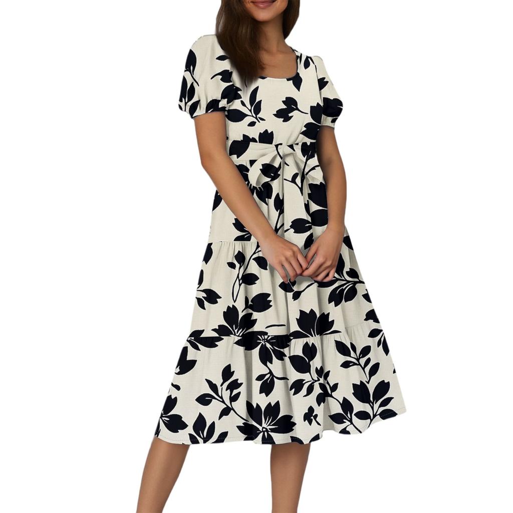 Women's Summer Floral Print Short Sleeves Neck Waistband Bohemian Flowy Maxi Dress With Pockets