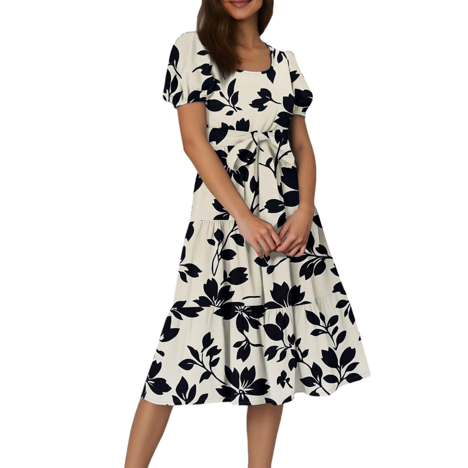 

Женское летнее платье макси с цветочным принтом, короткими рукавами, поясом и поясом в стиле бохо, струящееся, многослойное, с карманами M тёмно-синий