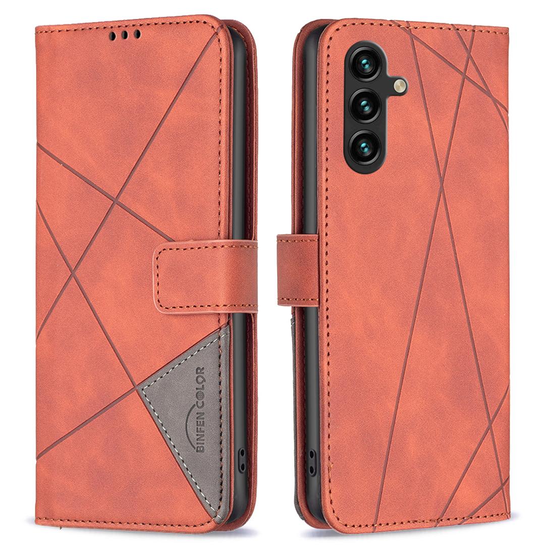

BINFEN COLOR For Samsung Galaxy A56 5G Phone Cases Wallet Stand Geometry Imprinted Leather Cover Brown