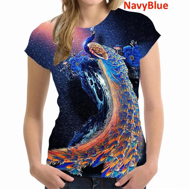 Peacock Pattern T-Shirt For Women Colorful Animal 3D Printed T Shirts Summer Casual Loose Tees Short Sleeves Round Neck Tops