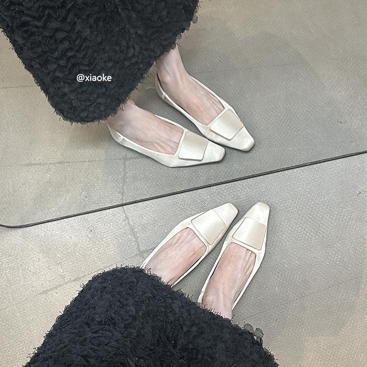 Inner Height Increase 3CM Square Head Single Shoes Women's 2025 Spring New Models with Skirts Flat-bottomed Satin Square Buckle Commuter Grandma Shoes