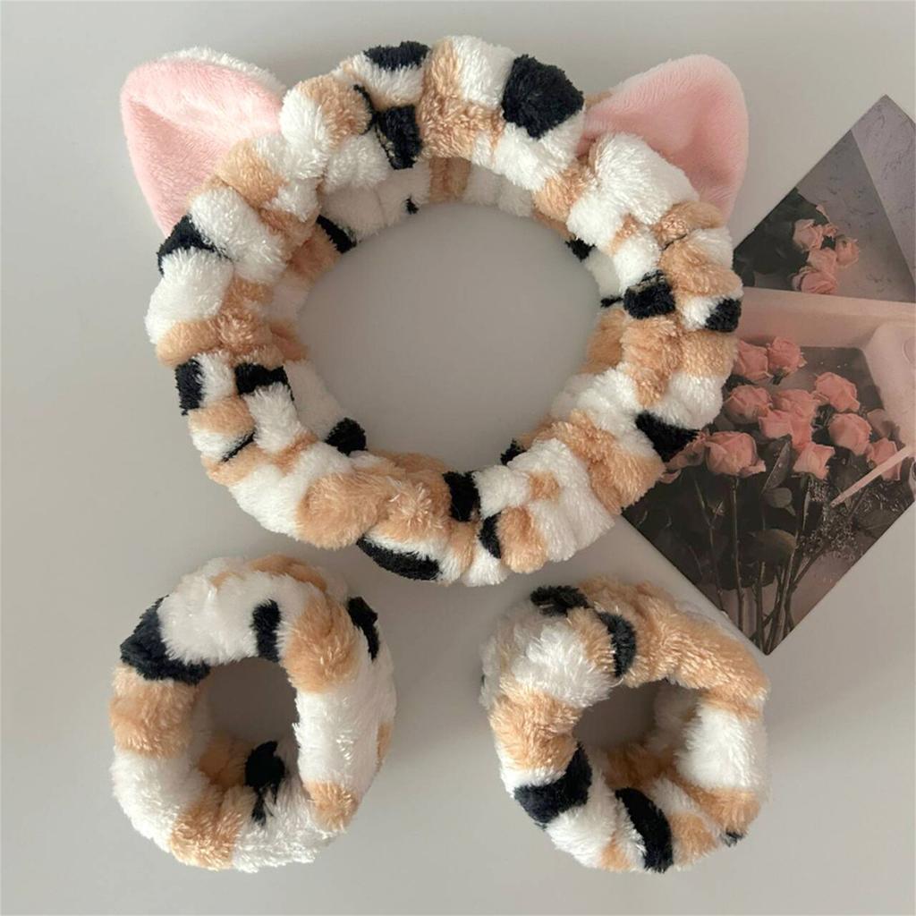 1set Elastic Women Shower Hairband & Wristband Cute Kitten Plush Face Wash Hairband Home Makeup Headband Wristband