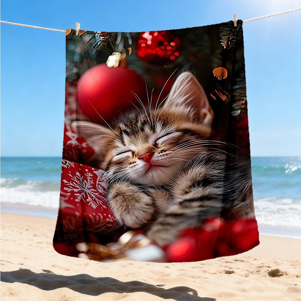 

1pc Christmas kitten Outdoor Flannel Blanket Soft All Season Polyester Throw , Perfect for Picnics & Travel , Picnic Accessory 80x120cm