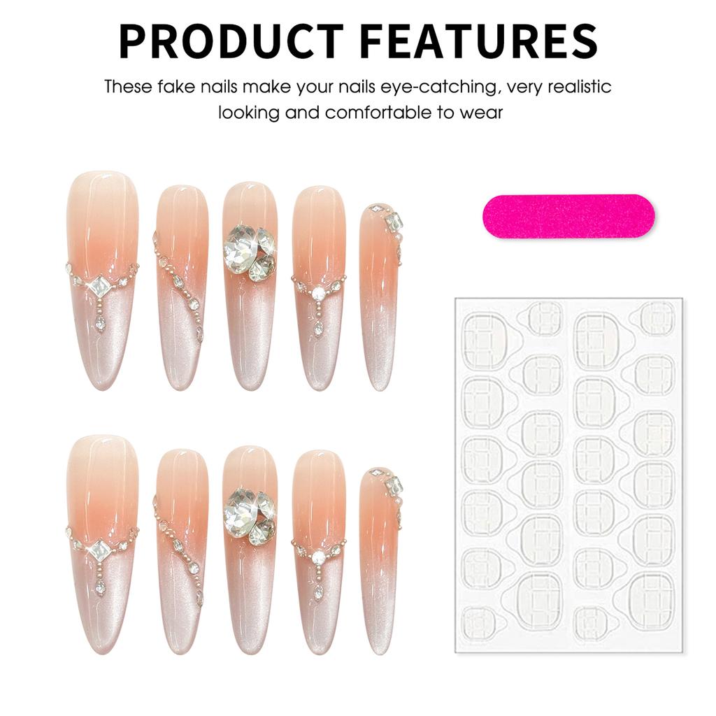 10Pcs Fake Nails Pointed Stiletto Cat Eye Gel Nail Tips for Women, Handmade False Nails with Gradient Pink Peach Design