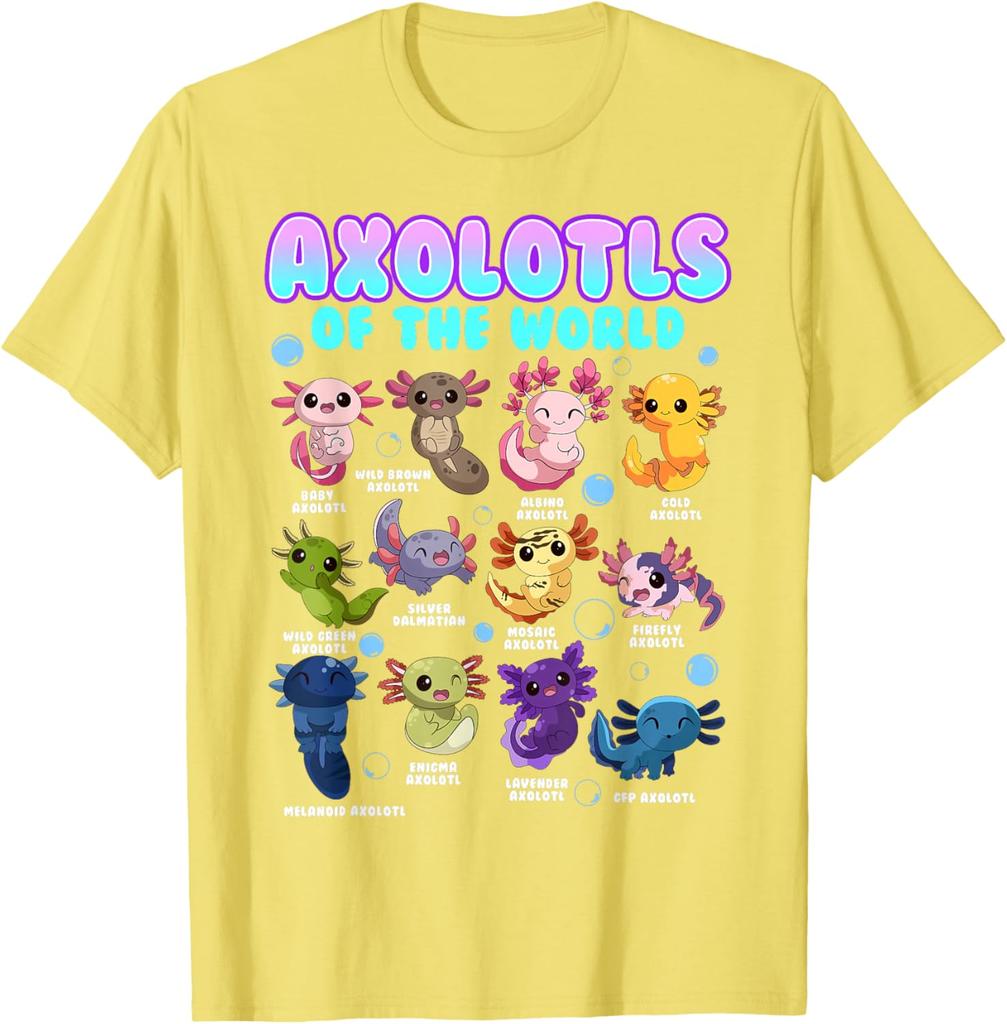 Axolotls Of The World Kawaii Salamander Graphic Tee Men Cotton Casual Short Sleeve T-Shirt Trip