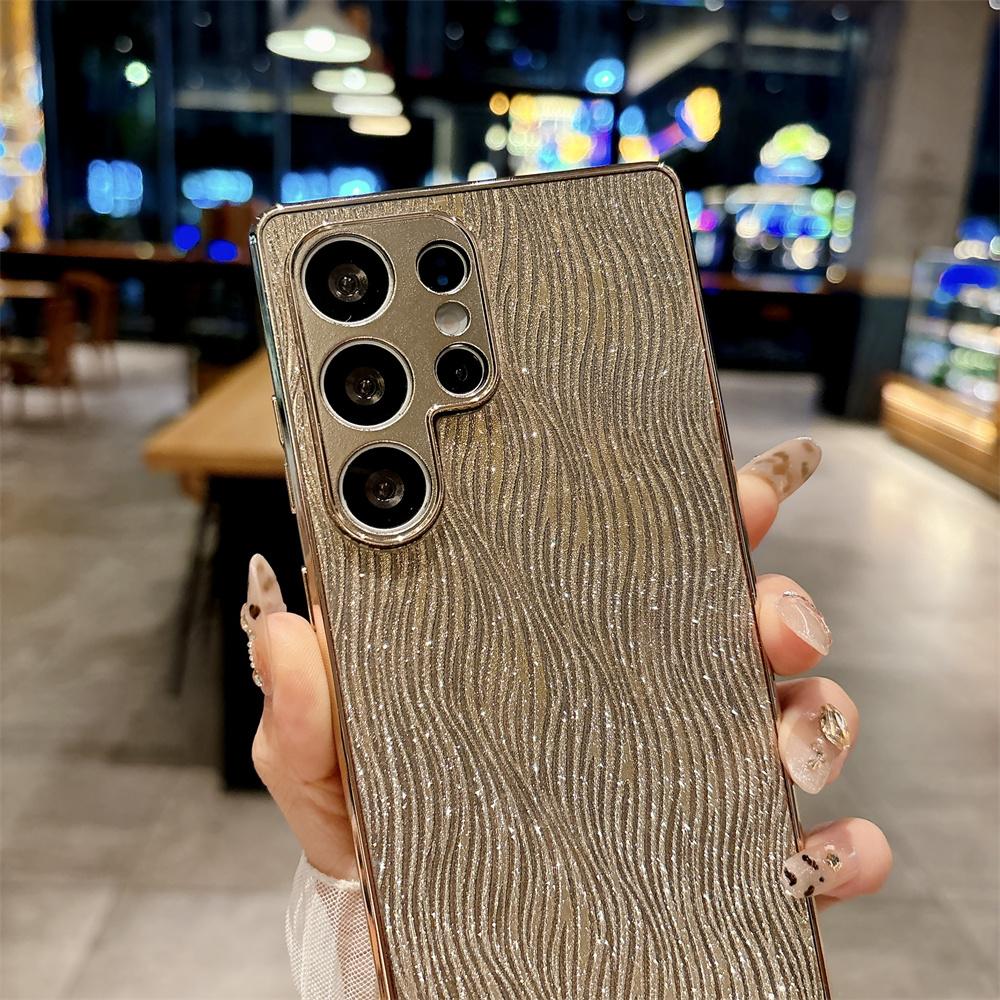 Glitter Water Flow Pattern PU Leather Case for Samsung Galaxy S25 Edge S24 Ultra S23 FE Plating Camera Lens Protection Cover
