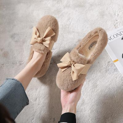 Women's Plush Shoes Wear Snow Boots Outdoors In Winter Fashionable Bowknot Design Fur Thermal Flat Loafers Shoes Large 41-43