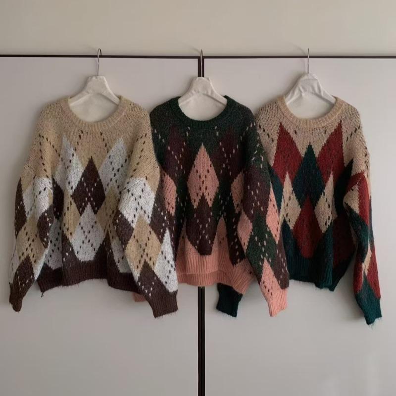 Vintage diamond Christmas knitted pullover sweater women's autumn and winter loose high-end casual round neck lazy wind knitted sweater women