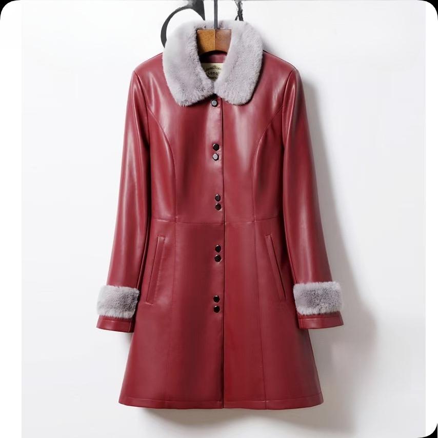 Women's Mid-length Leather Jacket Plus Velvet Thickened Western Style Plus Size Women's Autumn and Winter Middle-aged Disposable Leather Warm Jacket