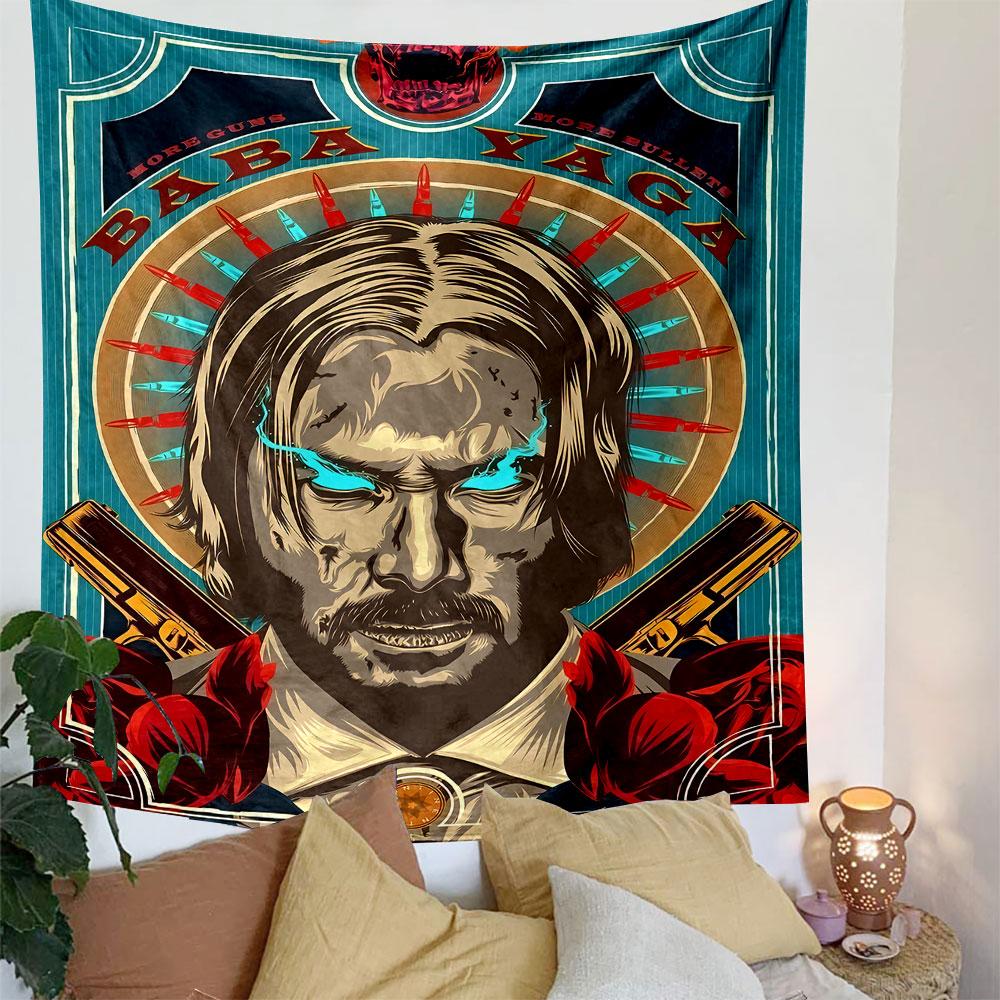 Fiery-eyed figure with a halo of bullets, guns, and rose accents. Patterned tapestry for bedroom and living room home decor