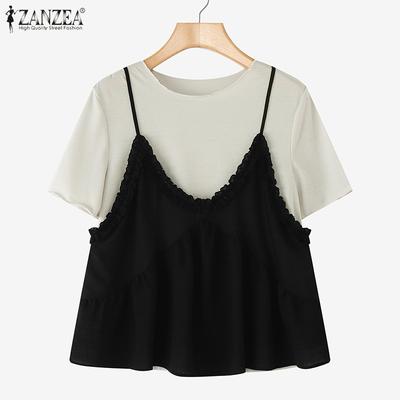 Women Casual Round Neck Patchwork Summer Short Sleeve T-Shirt